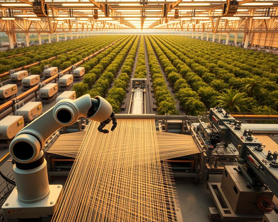 A state-of-the-art silk production facility, bathed in warm, ambient lighting. In the foreground, a sleek robotic arm precisely manipulates delicate silk threads, weaving them into intricate patterns. Behind it, a series of automated silk reeling machines, their mechanisms moving with clockwork precision. The middle ground features a network of conveyor belts, transporting cocoons and spun silk through the production process. In the background, a panoramic view of the facility, where rows of mulberry trees sway gently, providing the raw materials for this high-tech silk revolution. The scene exudes a sense of harmony between nature and advanced technology, capturing the essence of robotics transforming the centuries-old art of sericulture. A state-of-the-art silk production facility, bathed in warm, ambient lighting. In the foreground, a sleek robotic arm precisely manipulates delicate silk threads, weaving them into intricate patterns. Behind it, a series of automated silk reeling machines, their mechanisms moving with clockwork precision. The middle ground features a network of conveyor belts, transporting cocoons and spun silk through the production process. In the background, a panoramic view of the facility, where rows of mulberry trees sway gently, providing the raw materials for this high-tech silk revolution. The scene exudes a sense of harmony between nature and advanced technology, capturing the essence of robotics transforming the centuries-old art of sericulture.