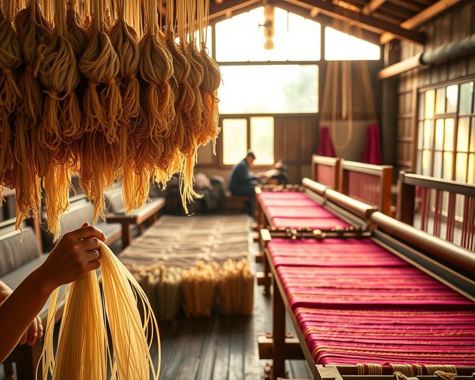 A traditional silk workshop with intricate silkworm cocoons hanging from wooden racks. In the foreground, a skilled artisan carefully unwinds the delicate silk threads, their hands deftly manipulating the fibers. The middle ground features rows of wooden looms, where weavers expertly craft vibrant, shimmering silk fabrics. In the background, a large window allows natural light to flood the room, casting a warm, golden glow over the entire scene. The atmosphere is one of deep cultural heritage, showcasing the meticulous craftsmanship and economic significance of traditional silk production.