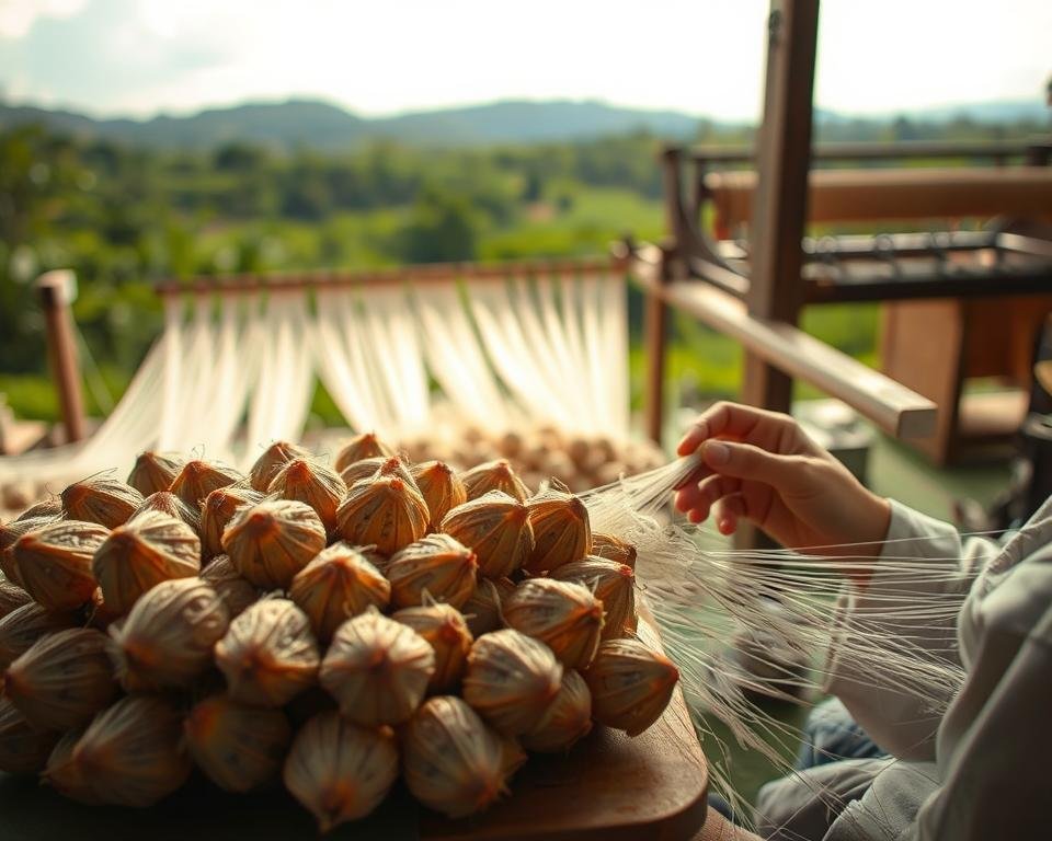 A tranquil, sustainable cocoon reeling scene. In the foreground, a skilled artisan meticulously extracts delicate silk filaments from a cluster of cocoons, their intricate patterns and textures illuminated by soft, natural lighting. In the middle ground, an array of reeling equipment stands as a testament to the centuries-old tradition, its polished surfaces gleaming. The background depicts a lush, verdant landscape, symbolizing the harmony between nature and human craft. The overall atmosphere conveys a sense of contemplation and reverence for the challenges and complexities inherent in this intricate textile technique.