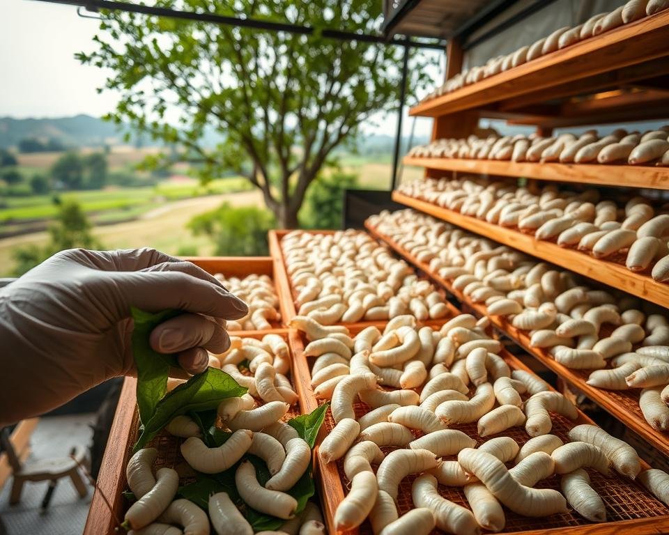 A well-lit and meticulously detailed studio scene, showcasing the delicate process of silkworm rearing. In the foreground, several white silkworm larvae carefully tended by gloved hands, their voracious appetites evident as they feast on fresh mulberry leaves. The middle ground reveals rows of tiered wooden trays, each housing a thriving colony of the industrious creatures, their intricate silk cocoons glistening under the warm glow of soft, diffused lighting. In the background, a serene tableau of verdant mulberry trees and a tranquil pastoral landscape, hinting at the natural habitat that nurtures these magnificent silk producers. A well-lit and meticulously detailed studio scene, showcasing the delicate process of silkworm rearing. In the foreground, several white silkworm larvae carefully tended by gloved hands, their voracious appetites evident as they feast on fresh mulberry leaves. The middle ground reveals rows of tiered wooden trays, each housing a thriving colony of the industrious creatures, their intricate silk cocoons glistening under the warm glow of soft, diffused lighting. In the background, a serene tableau of verdant mulberry trees and a tranquil pastoral landscape, hinting at the natural habitat that nurtures these magnificent silk producers.