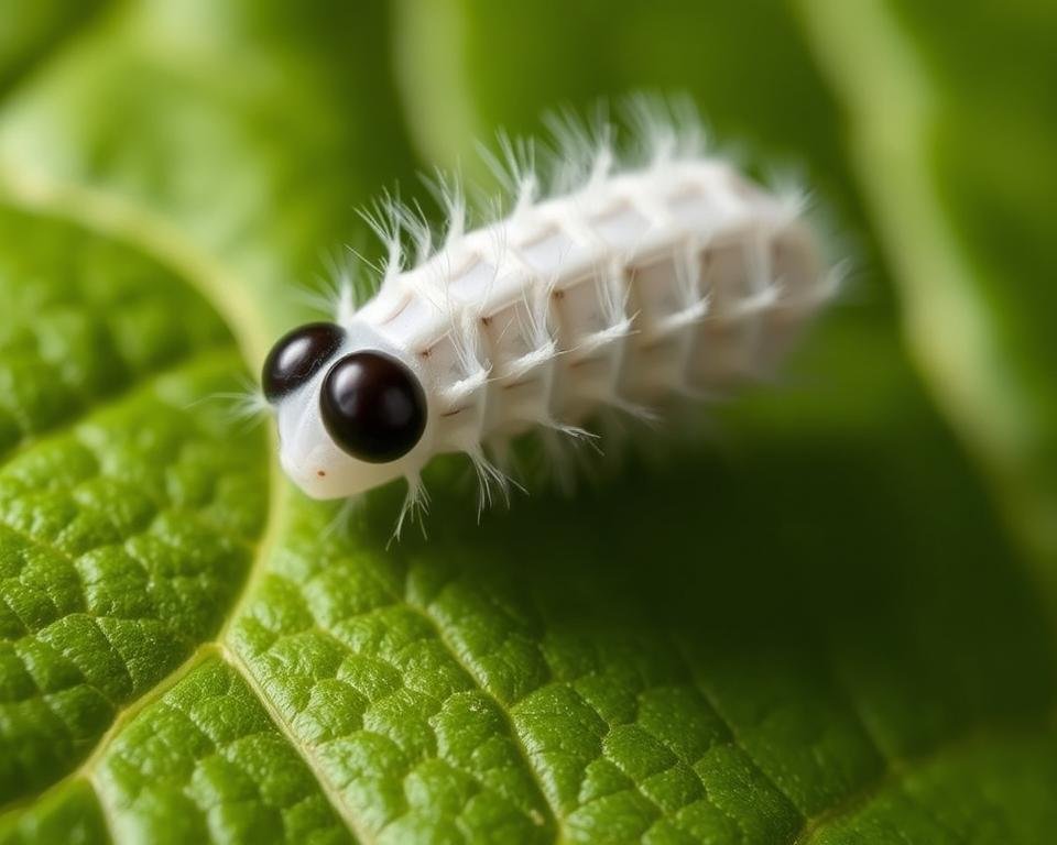 A well-lit, high-resolution closeup image of a healthy silkworm resting on a mulberry leaf. The silkworm's segmented body is covered in fine white hairs, its large black eyes gleaming. The leaf's serrated edges and veiny texture provide a natural, verdant backdrop. Soft, diffused lighting from the side creates depth and highlights the silkworm's delicate form. The image has a calm, observational feel, inviting the viewer to closely examine the intricate details of this important agricultural insect. The composition is balanced, with the silkworm positioned slightly off-center to create visual interest. This image would effectively illustrate the "Monitoring Silkworm Health" section of the beginner's rearing guide.