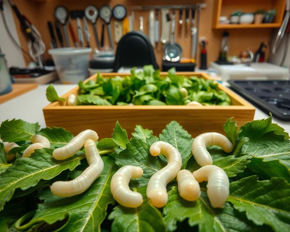 A well-lit, high-resolution photograph of a silkworm breeding setup. In the foreground, several healthy silkworms crawling on mulberry leaves, their bodies glowing with a pearly sheen. In the middle ground, a wooden tray or box filled with fresh mulberry foliage, providing a natural habitat for the worms. The background features a clean, organized workspace with various tools and equipment used in the silkworm breeding process, such as magnifying glasses, thermometers, and trays. The lighting is soft and diffused, creating a warm, inviting atmosphere that showcases the delicate beauty of the silkworms. The overall composition emphasizes the care and attention required for successful silkworm breeding.