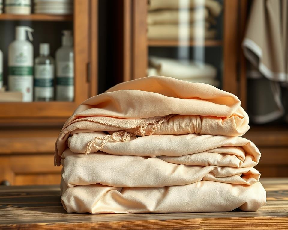 A well-lit, high-resolution photograph of a stack of folded Eri silk garments, such as a sweater, scarf, and shawl, on a wooden table or shelf. The fabrics are in neutral, earthy tones, with a soft, lustrous sheen. In the background, gently blurred, are shelves or cabinets displaying various Eri silk care products, including a delicate liquid detergent, a silk-safe stain remover, and a fabric steamer. The lighting is warm and diffused, creating a cozy, inviting atmosphere that showcases the natural beauty and gentle care required for Eri silk textiles.