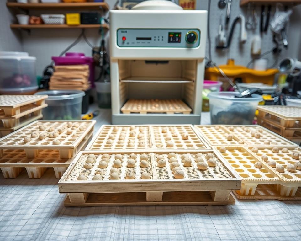A well-lit, high-resolution photograph showcasing a collection of silkworm farming equipment. In the foreground, a series of specialized trays and racks designed to hold silkworm eggs and larvae during the incubation process. The trays are made of sturdy, lightweight materials like bamboo or plastic, with perforated surfaces to allow for proper airflow and ventilation. In the middle ground, a small-scale incubator unit with precise temperature and humidity controls, ensuring the optimal conditions for successful hatching. The background features additional equipment such as feeding containers, magnifying glasses, and tools for monitoring the worms' progress. The overall scene conveys a sense of order, efficiency, and the care required for successful silkworm farming. A well-lit, high-resolution photograph showcasing a collection of silkworm farming equipment. In the foreground, a series of specialized trays and racks designed to hold silkworm eggs and larvae during the incubation process. The trays are made of sturdy, lightweight materials like bamboo or plastic, with perforated surfaces to allow for proper airflow and ventilation. In the middle ground, a small-scale incubator unit with precise temperature and humidity controls, ensuring the optimal conditions for successful hatching. The background features additional equipment such as feeding containers, magnifying glasses, and tools for monitoring the worms' progress. The overall scene conveys a sense of order, efficiency, and the care required for successful silkworm farming.