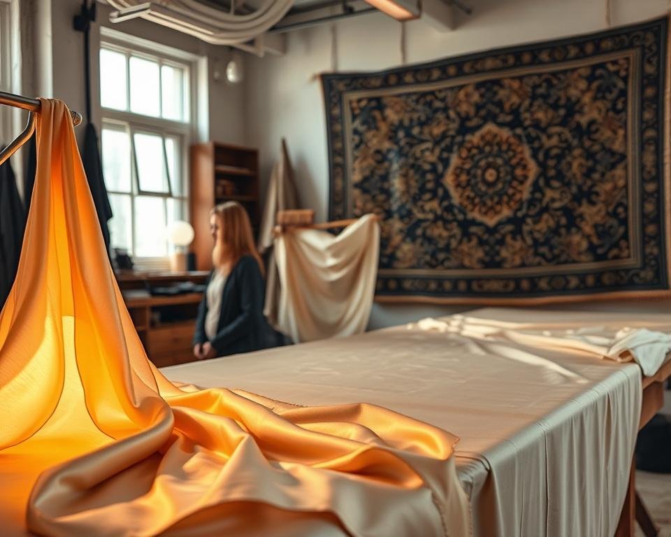 A well-lit studio featuring an array of silk fabrics, showcasing a variety of silk finishing techniques. In the foreground, a delicate silk scarf is being gently steamed, the fabric's sheen and softness accentuated by the warm, diffused lighting. In the middle ground, a skilled artisan carefully brushes a silk panel, smoothing the surface to a lustrous finish. In the background, a large silk tapestry hangs, its intricate patterns and vibrant colors highlighting the versatility of silk and the precision of the finishing processes. The scene exudes a sense of craftsmanship, attention to detail, and the timeless elegance of silk.