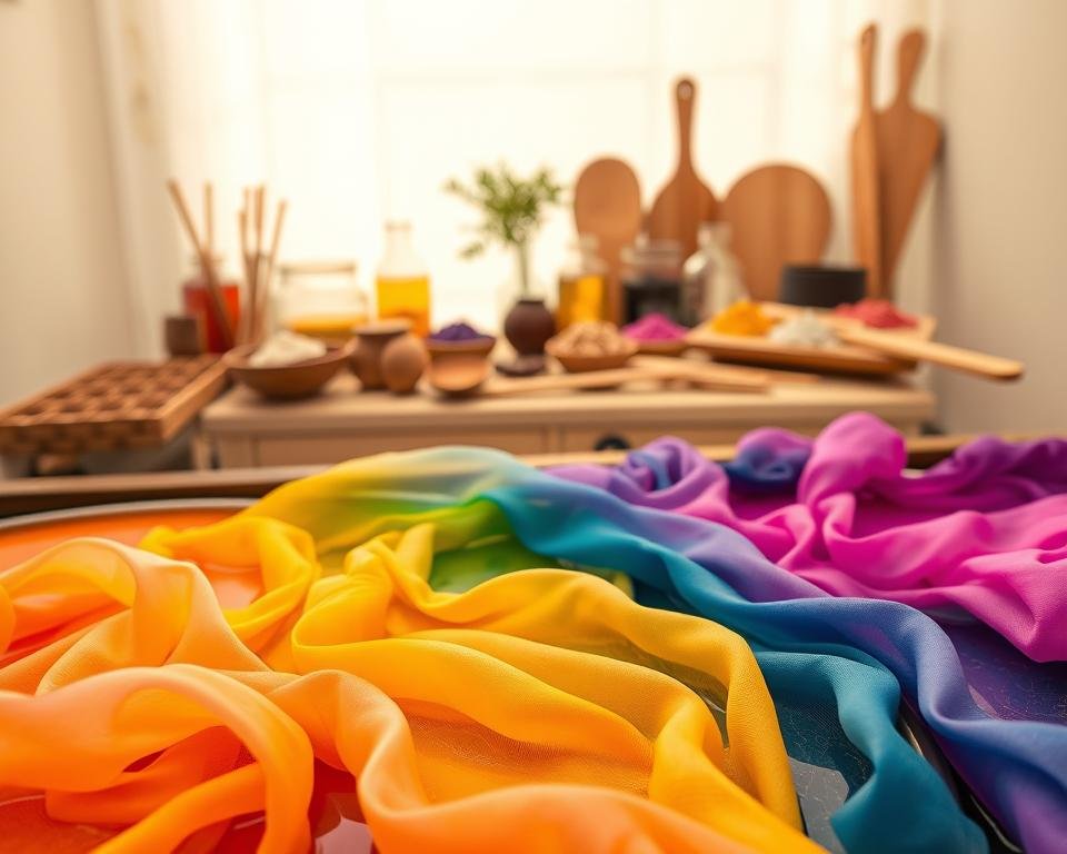 A well-lit studio setting showcasing the process of silk dyeing. In the foreground, delicate silk fabric swatches are submerged in vibrant dye baths, the colors swirling and blending effortlessly. The middle ground features an array of traditional dyeing tools and equipment, including wooden paddles, glass jars, and various natural dye pigments. The background depicts a serene, minimalist backdrop, allowing the vibrant hues and textural details of the silk to take center stage. Warm, diffused lighting casts a soft, ethereal glow, highlighting the luxurious sheen of the dyed silk. The overall composition conveys a sense of artisanal craftsmanship and the joy of personal expression through the medium of silk.