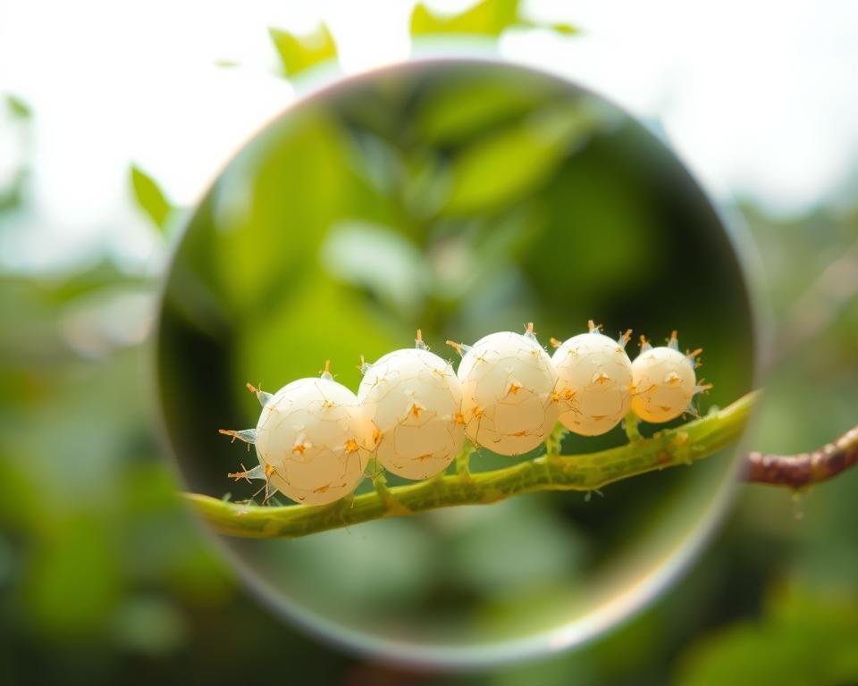 Detailed close-up of silkworm development challenges, set against a serene natural backdrop. In the foreground, a magnified view showcases the intricate stages of a silkworm's life cycle, from tiny egg to cocoon formation. Delicate textures and vibrant colors bring these intricate details to life, while the middle ground reveals lush, verdant foliage, hinting at the silkworm's natural habitat. The soft, diffused lighting creates a contemplative mood, inviting the viewer to appreciate the marvel of this remarkable insect's transformation. Subtle shadows and depth of field emphasize the three-dimensional nature of the scene, captured with a high-resolution, macro lens for maximum clarity and precision. Detailed close-up of silkworm development challenges, set against a serene natural backdrop. In the foreground, a magnified view showcases the intricate stages of a silkworm's life cycle, from tiny egg to cocoon formation. Delicate textures and vibrant colors bring these intricate details to life, while the middle ground reveals lush, verdant foliage, hinting at the silkworm's natural habitat. The soft, diffused lighting creates a contemplative mood, inviting the viewer to appreciate the marvel of this remarkable insect's transformation. Subtle shadows and depth of field emphasize the three-dimensional nature of the scene, captured with a high-resolution, macro lens for maximum clarity and precision.