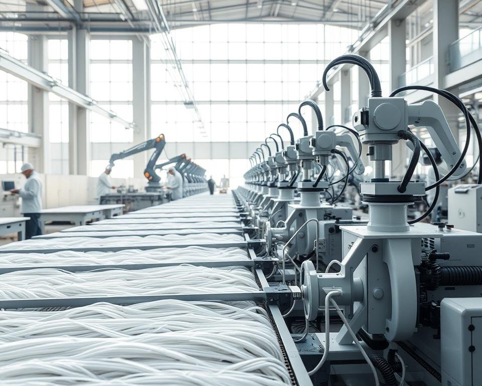 Detailed, close-up view of a modern artificial silk production facility. In the foreground, rows of specialized machinery carefully extracting and processing synthetic silk fibers. Mid-ground features technicians in clean white suits tending to the delicate production process, utilizing precise robotic arms and monitoring stations. The background showcases the expansive, high-ceilinged factory space filled with natural daylight streaming through large industrial windows, conveying a sense of technological innovation and efficiency. The overall scene radiates a clinical, sterile atmosphere befitting the advanced scientific nature of this artificial silk production. Detailed, close-up view of a modern artificial silk production facility. In the foreground, rows of specialized machinery carefully extracting and processing synthetic silk fibers. Mid-ground features technicians in clean white suits tending to the delicate production process, utilizing precise robotic arms and monitoring stations. The background showcases the expansive, high-ceilinged factory space filled with natural daylight streaming through large industrial windows, conveying a sense of technological innovation and efficiency. The overall scene radiates a clinical, sterile atmosphere befitting the advanced scientific nature of this artificial silk production.