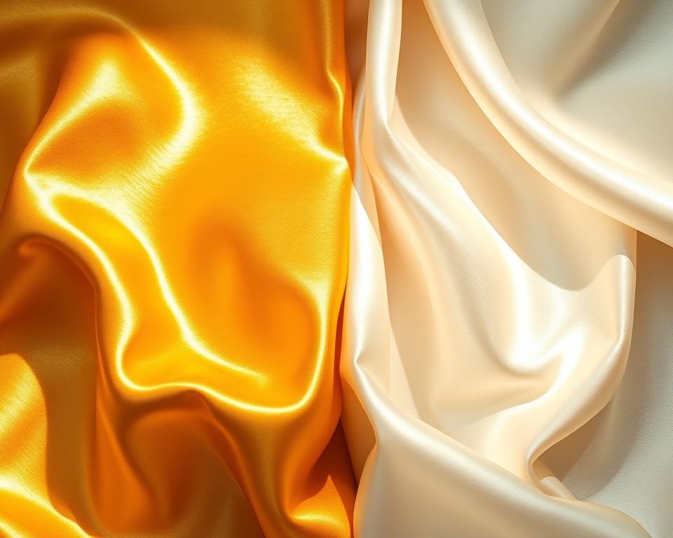 Muga silk and mulberry silk shimmering in a side-by-side comparison, bathed in warm, diffused lighting that accentuates their natural luster. The muga silk, with its golden hue and subtle sheen, juxtaposed against the pristine, ivory-toned mulberry silk. Captured at a slight angle, the fabrics are draped elegantly, revealing their distinct textures and weights. The composition emphasizes the nuanced differences between these two exceptional silk varieties, inviting the viewer to appreciate their unique qualities and cultural significance.