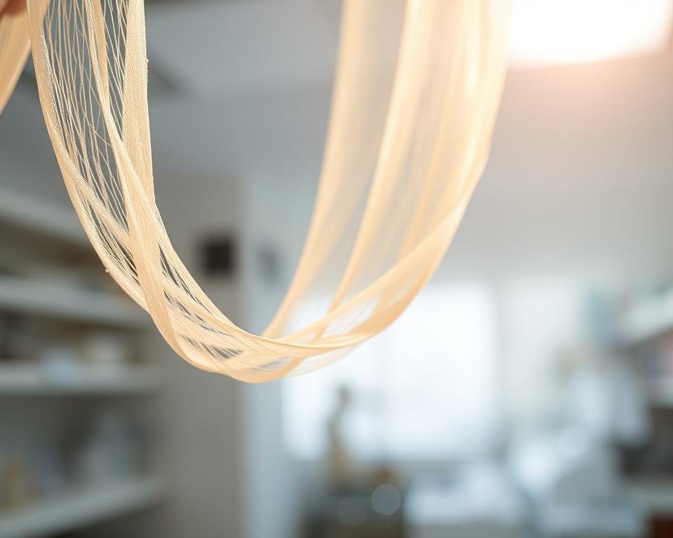 Pristine silk fibers gently weaving a delicate, biocompatible mesh, suspended in a soft-focus medical laboratory setting. Diffused natural lighting casts a warm, soothing glow, highlighting the intricate texture and luster of the silk. In the foreground, a single strand of silk is magnified, revealing its remarkable strength and flexibility. The middle ground showcases the silk material's diverse applications, from bandages to wound dressings, while the background hints at the advanced research and innovation driving this biomaterial revolution. An atmosphere of scientific progress, medical advancement, and the inherent beauty of nature's engineering. Pristine silk fibers gently weaving a delicate, biocompatible mesh, suspended in a soft-focus medical laboratory setting. Diffused natural lighting casts a warm, soothing glow, highlighting the intricate texture and luster of the silk. In the foreground, a single strand of silk is magnified, revealing its remarkable strength and flexibility. The middle ground showcases the silk material's diverse applications, from bandages to wound dressings, while the background hints at the advanced research and innovation driving this biomaterial revolution. An atmosphere of scientific progress, medical advancement, and the inherent beauty of nature's engineering.