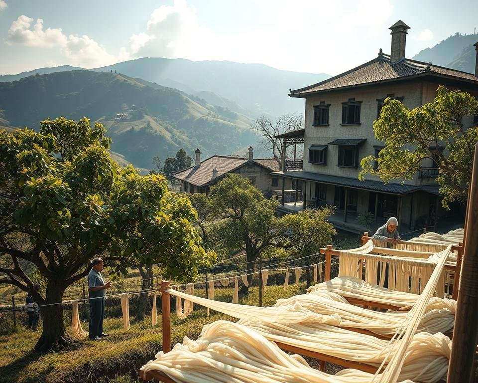 Serene hillside, sun-dappled mulberry trees, sericulturists tending to silkworm cocoons with care. Delicate hands unwinding fine silk threads, a symphony of sustainable cultivation. In the background, a traditional silk-processing workshop, its timeless architecture harmonizing with the natural surroundings. Soft lighting filters through the windows, casting a warm glow on the artisanal process. The scene evokes a timeless harmony between human, nature, and the ancient craft of sericulture.