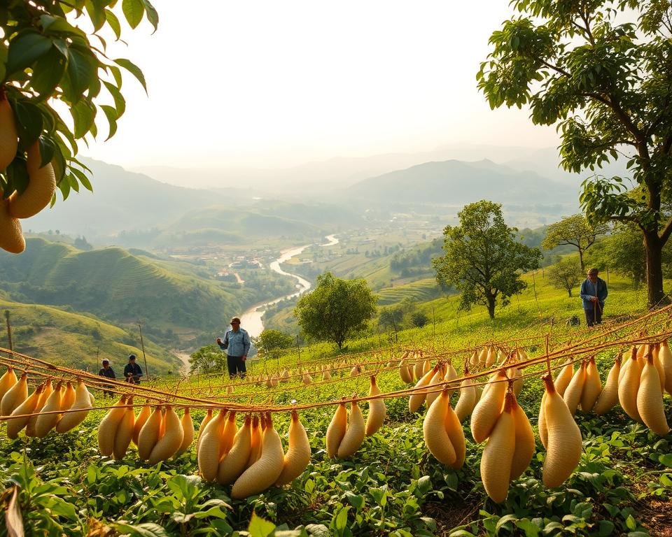 Sericulture challenges: A sericulture farm in a lush, verdant valley. In the foreground, silkworms meticulously weave their cocoons, their delicate movements captured in intricate detail. In the middle ground, workers carefully tend to the mulberry trees, the primary food source for the silkworms. The background features rolling hills, a winding river, and a distant, hazy mountain range, bathed in soft, golden sunlight. The scene conveys the tranquility and natural beauty of the sericulture process, yet also hints at the challenges faced by farmers in maintaining the delicate ecosystem required for successful silk production.
