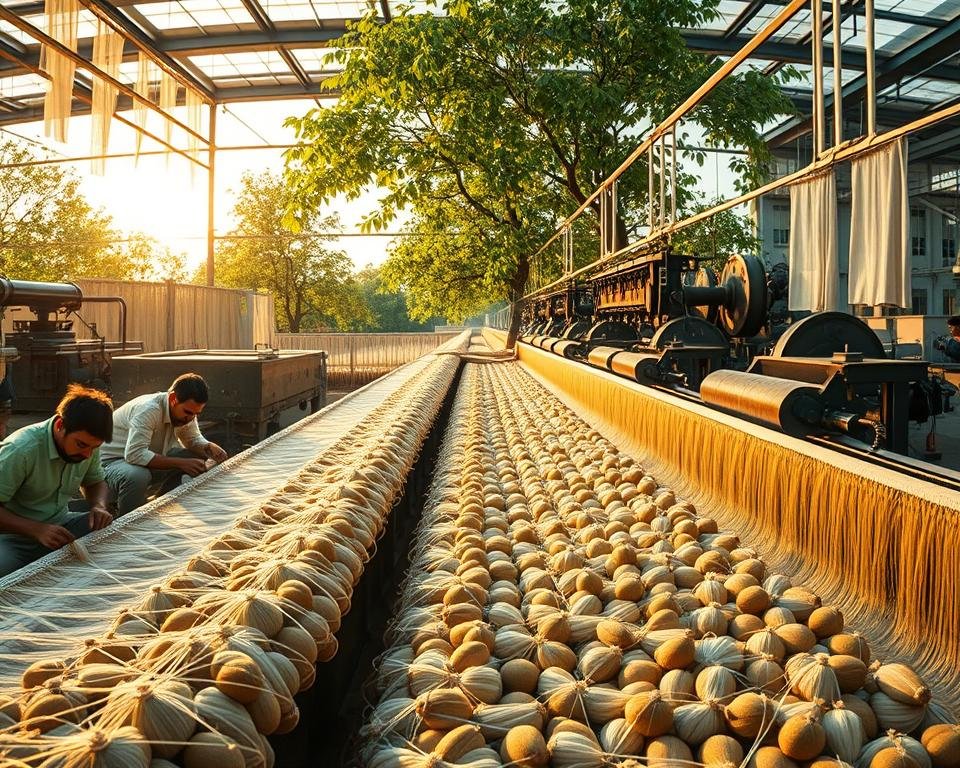 Sericulture techniques: a panoramic view of a bustling silk production facility. In the foreground, skilled workers meticulously extract delicate silk strands from rows of plump, content silkworms. The middle ground depicts a series of intricate machines and equipment, their gears and pulleys whirring as they transform the raw silk into luxurious fabrics. In the background, verdant mulberry trees sway gently, providing the essential sustenance for the silkworms. Warm, golden lighting illuminates the scene, casting a soft, inviting glow and highlighting the complex, intertwined processes that culminate in the production of this highly valuable commodity. A sense of harmonious efficiency and economic vitality pervades the entire tableau.