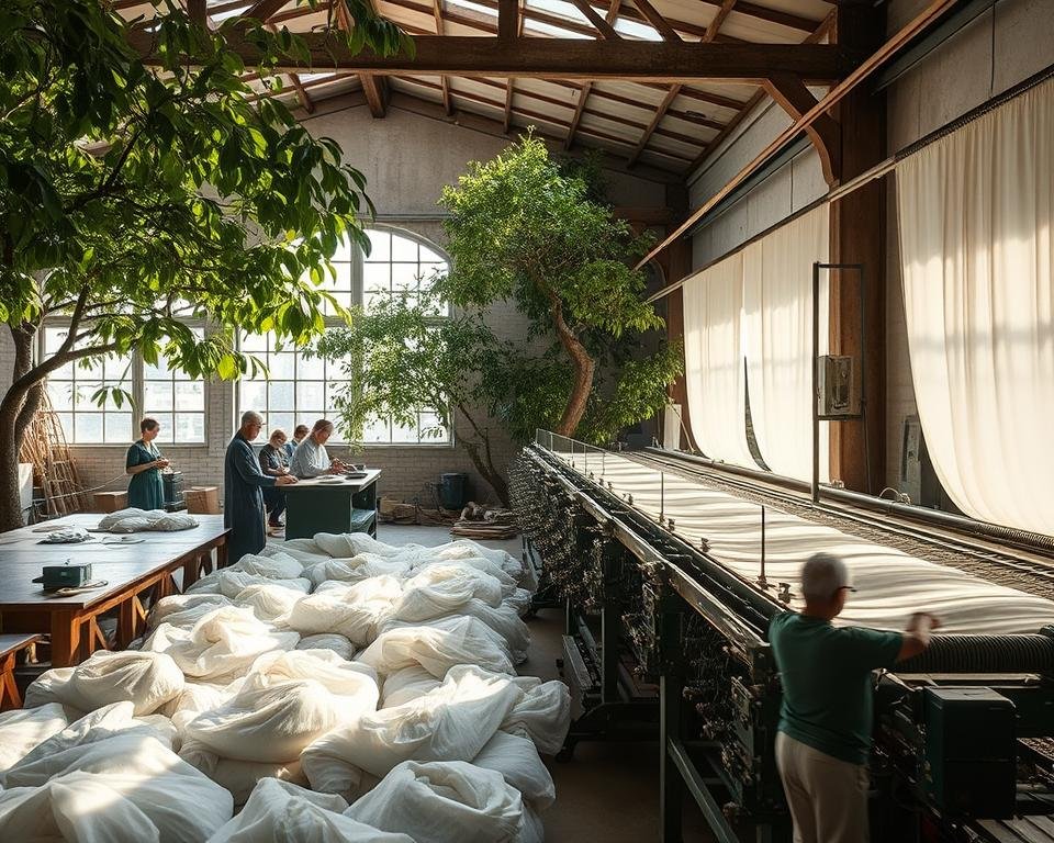 Sustainable silk production: a serene workshop, natural lighting cascading through large windows, revealing skilled artisans carefully tending to the delicate silk fibers. Mulberry trees sway gently in the background, their leaves providing the essential sustenance for the silkworms. Intricate machinery hums with precision, guiding the transformation from cocoon to luxurious fabric. The atmosphere is one of quiet dedication, where traditional techniques blend seamlessly with modern innovations, ensuring a sustainable future for this age-old craft.