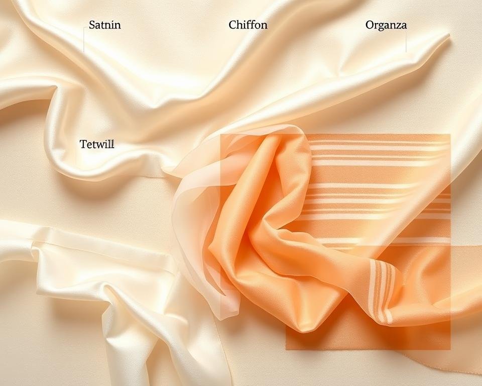 a detailed illustration of various types of silk weaves, including satin, twill, chiffon, and organza, against a soft, neutral background. The weaves are arranged in an organized grid pattern, highlighting their distinct textures and patterns. The lighting is soft and diffused, casting gentle shadows to accentuate the dimensional qualities of the fabrics. The camera angle is positioned to provide an comprehensive overview of the different silk weaves, allowing the viewer to examine and compare their unique characteristics. The overall mood is one of elegance and refinement, befitting the subject of high-quality silk textiles.