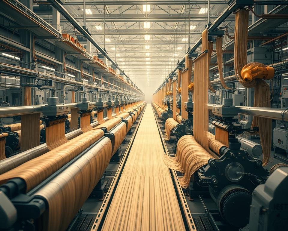 a highly detailed, hyper-realistic, intricate, and cinematic scene of an advanced automated silk production facility, captured with a wide angle lens and warm cinematic lighting. In the foreground, multiple robotic silk spinning machines are in operation, meticulously weaving and extracting long, lustrous silk threads from cocoons. In the middle ground, automated conveyor belts transport the freshly spun silk to a large processing station, where robotic arms sort, clean, and prepare the silk for further refinement. The background reveals the expansive factory floor, filled with rows of automated silk production equipment, seamlessly working in harmony to efficiently and precisely manufacture high-quality silk. The atmosphere is one of technological sophistication, innovation, and the precision-driven advancement of traditional sericulture practices.