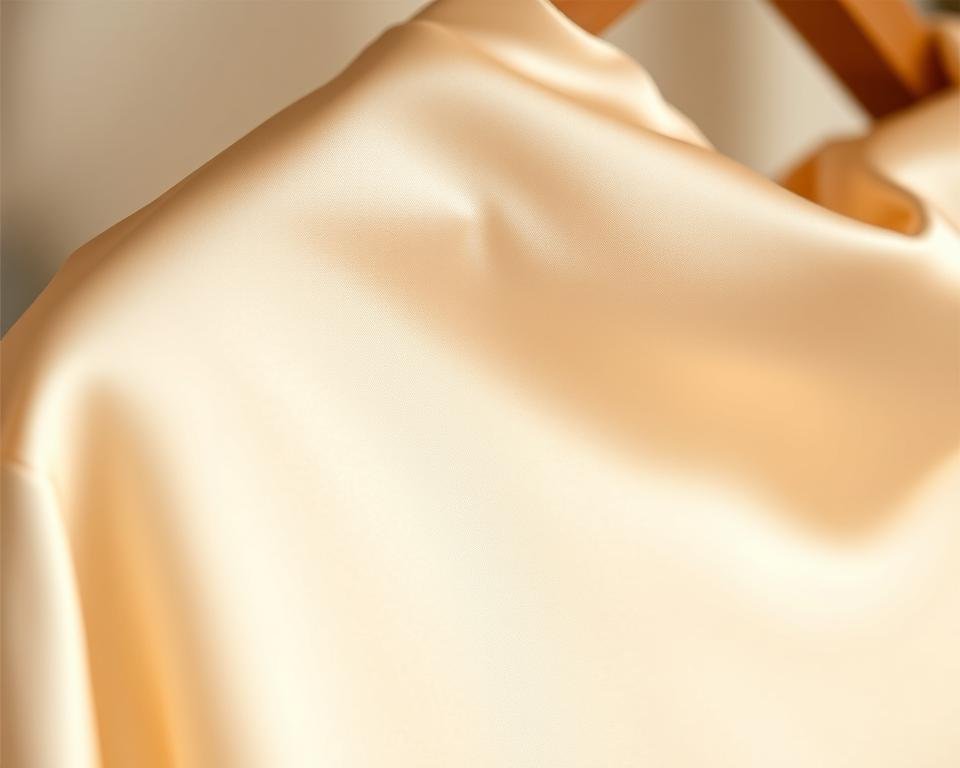 silk fabric care, close-up of delicate silk textile, soft focus, warm lighting, natural creases and folds, gentle steaming, hanging on wooden hanger, neutral color palette, high quality material, luxurious appearance, serene and peaceful atmosphere, side angle view, highlighting the smooth, glossy texture, demonstrating proper handling techniques, subtle yet captivating, conveying the importance of careful maintenance for silk garments